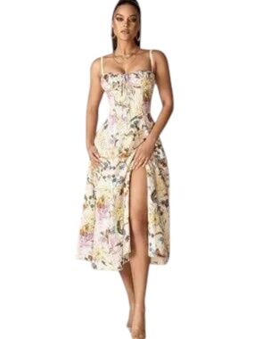 Aliava Annette Daisy Print Cotton Bustier Midi Dress Size Small